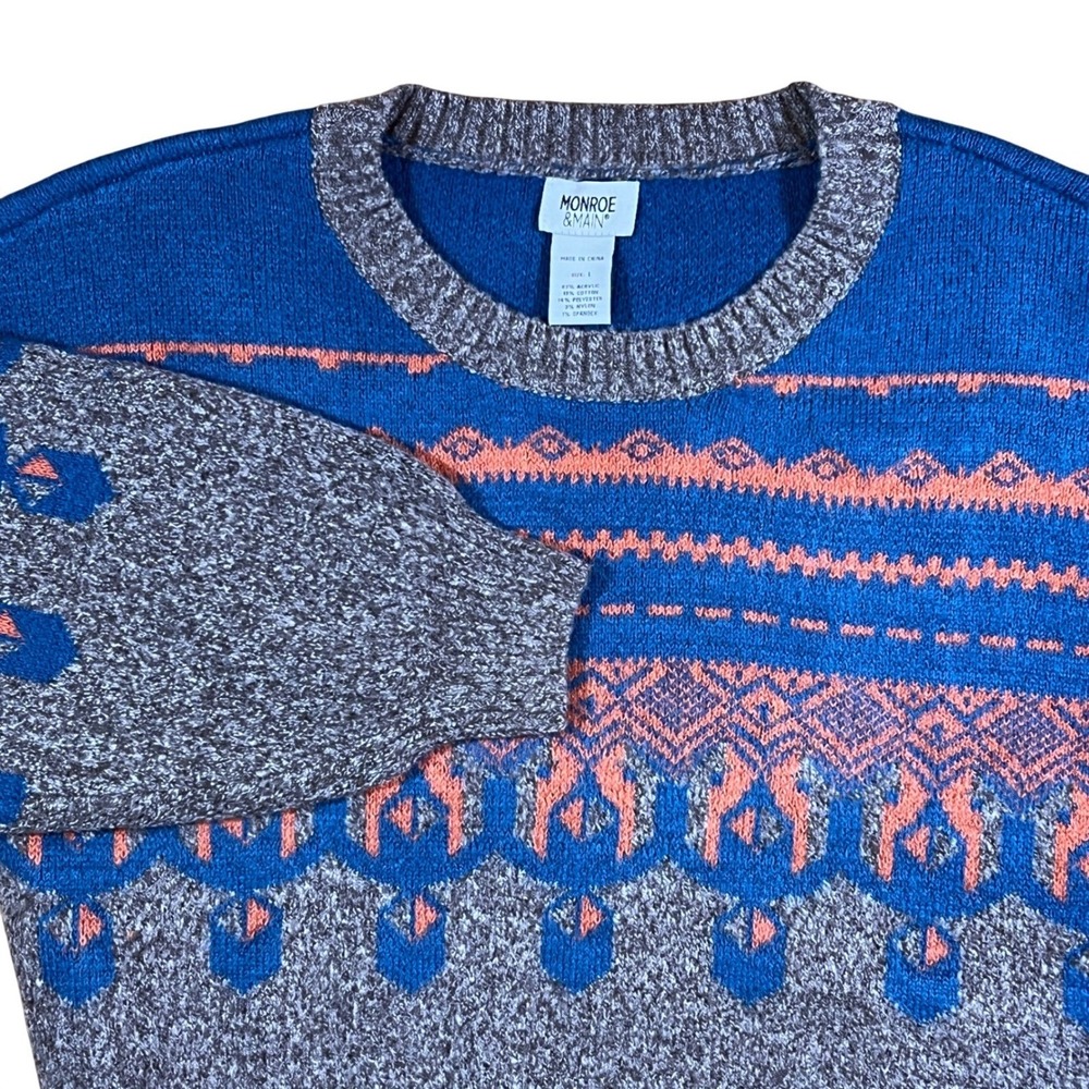 Monroe & Main Sweater Womens‎ L Blue Coral Fair Isle Southwestern Knit Pullover